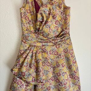 Zac Posen Floral Prom Cocktail Dress Pleated Yellow & Pink Metallic‎